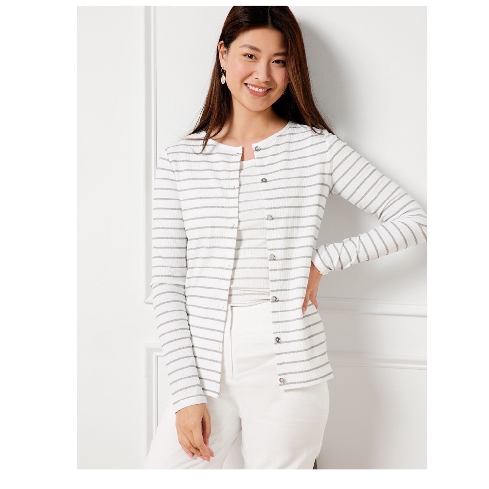 Talbots White Gray Stripe‎ Ribbed Knit Cardigan Sweater Button Front Long Sleeve